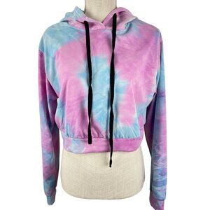 Womens Hoodie M Pink Blue Tie Dye Cropped Pullover Drawstring Pockets Sweatshirt